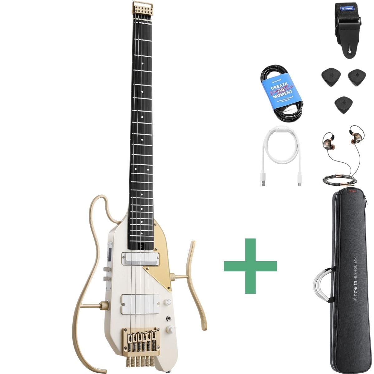 Donner Hush-  Pro Silent El-guitar White-luxe