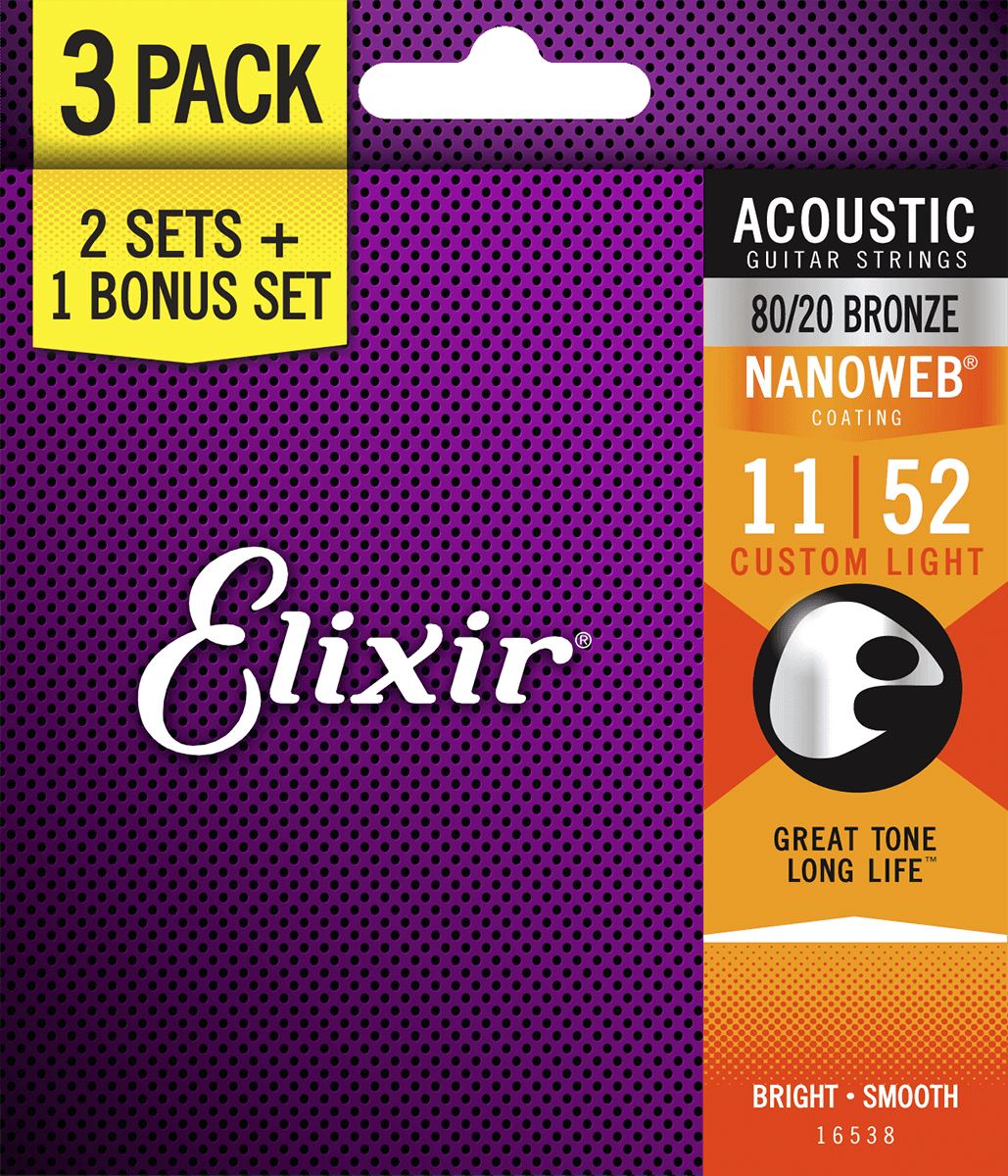 Elixir Nanoweb Bronze 80 20 Western-strenge 011-052 Custom Light   Pack
